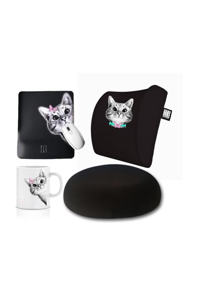 Officeküp Avantajlı 4'lü Ofis Seti: Visco Bel Destek Yastığı & Oturma Minderi & Mousepad & Kupa - Meraklı Kedi