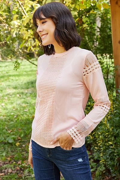 AQE FASHION Γυναικεία εποχιακή μπλούζα με μανίκια σε πούδρα