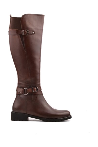 derinet Kahverengi Deri Tokalı Kadın Çizme