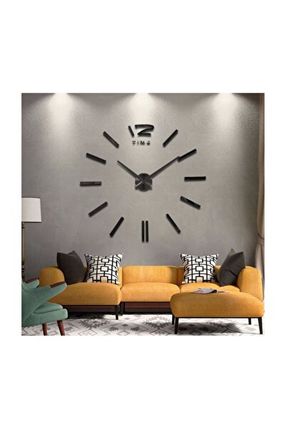 Platin Saat 3d Siyah Büyük Boy Yapışkanlı Duvar Saati