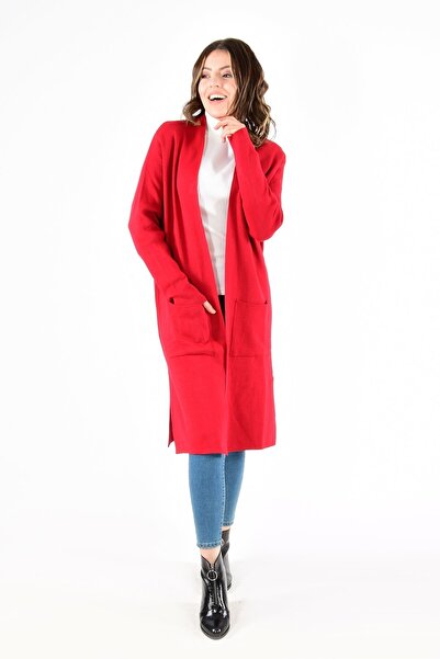 ModaPlaza Women's Long Red Knitwear Cardigan with Pockets 4341