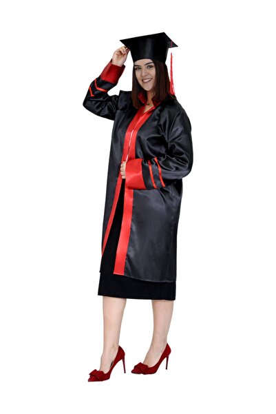 Mezuniyetshop Mezuniyet Cübbesi Ortaokul Siyah Kırmızı Şeritli