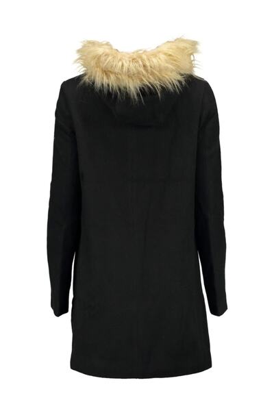 Collezione Siyah Kapişonu Kürklü Yan Fermuarlı Kaşe Kadın Kaban