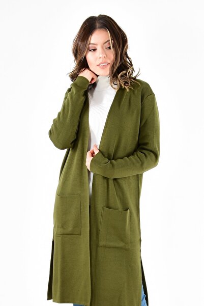 ModaPlaza Cardigan lung de tricotaj kaki pentru femei cu buzunare 4341