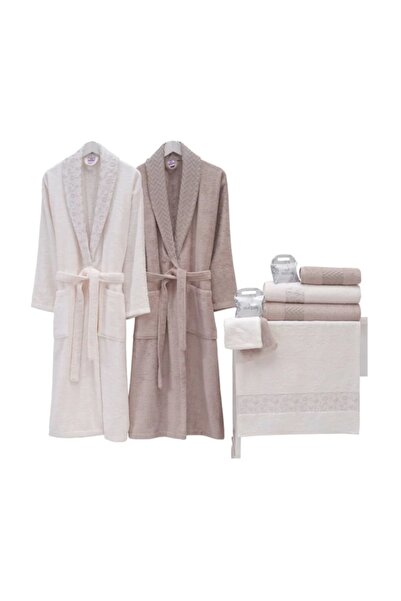 Nurpak Yıldız Bambu Aile Bornoz Seti (10 Parça) Krem-kahve