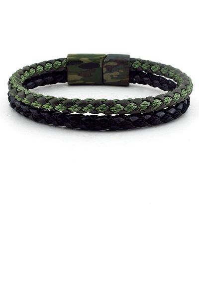 Solfera Green Black Leather Men's Bracelet - Military Camouflage Pattern Bt645