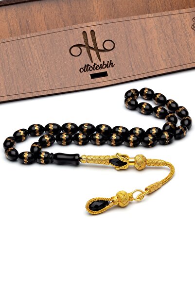 OTTOTESBİH 24k Altın Kaplama Gümüş Püsküllü 7.5x10.5mm Işlemeli Oltu Tesbih