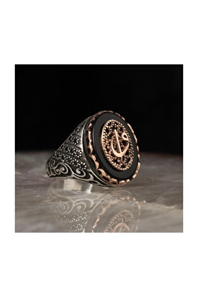 KsrModa Elif Vav Yazılı Oniks Taşlı Gümüş Yüzük