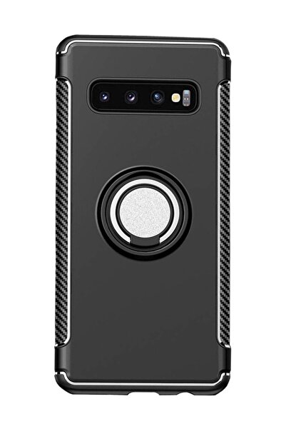 Microcase Samsung Galaxy S10 Yüzük Standlı Armor Silikon Kılıf - Siyah