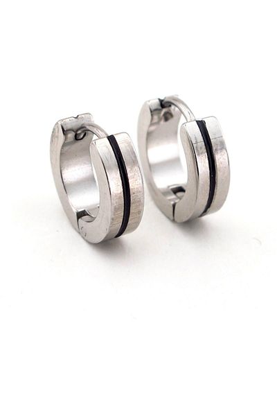 Solfera Black Striped Silver Color Steel Men's Hoop Earrings E712