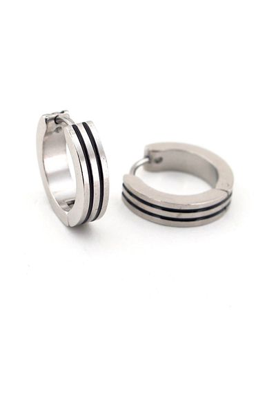 Solfera Men's Earrings E703 - Black Double Striped Stainless Steel Hoop
