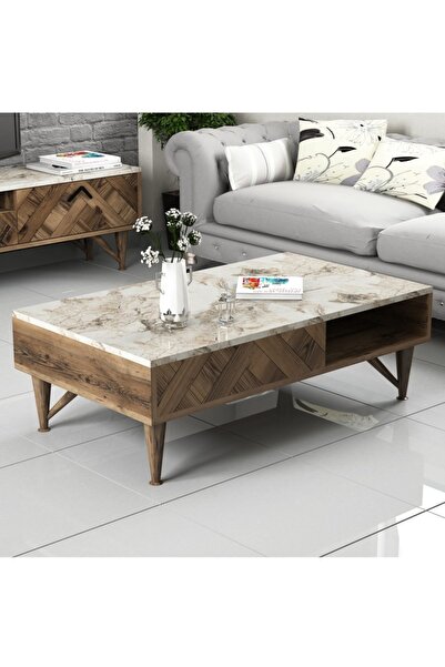 Variant Mobilya Londra Orta Sehpa - Ceviz / Beyaz Mermer