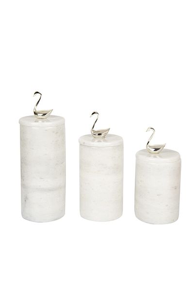 mar&more Swan Handle White Marble Box with Lid - Set of 3