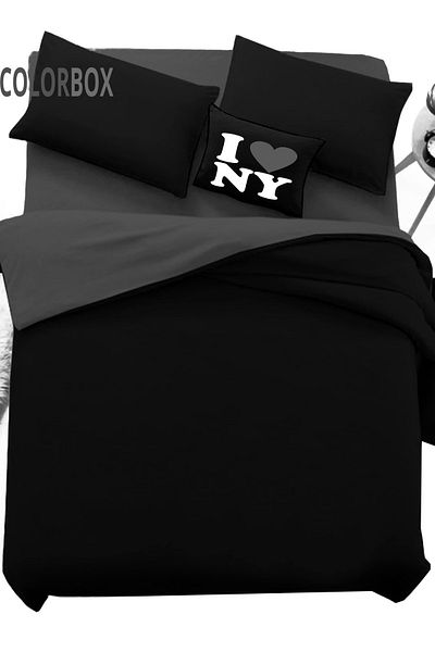 ALAMODE Natural Cotton Single Duvet Cover Set Black - Gray Ranforce -5069