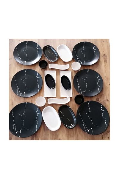 Demet Çeyiz Set Breakfast 20 Pieces Black Marble Pattern for 6 People