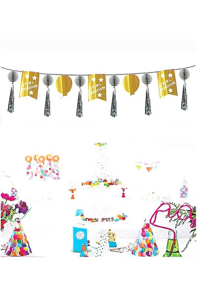 Kazanabil Rows of Honeycomb Ornate Metallic Happy Birthday Pennant Wall Ornament Silver