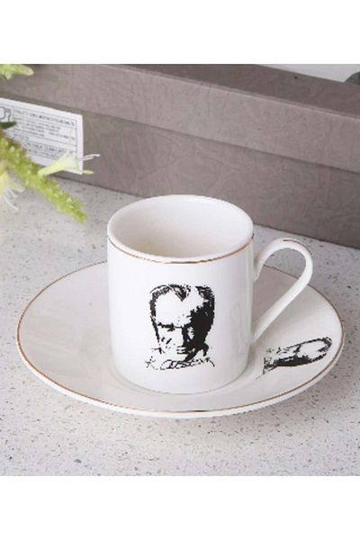 GÖNÜL Ataturk Patterned Porcelain Cup Set - 2 People, Turkish Coffee, Signed