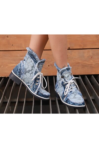 StarBlueMooN Kadın Mavi  Kot Dantelli Bot