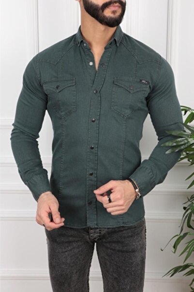 MODA CENTER Erkek Koyu Yeşil Slim Fit Kot Gömlek