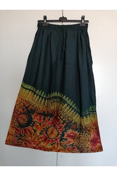 Butik Tülin Otantik Viskoz Koyu Yeşil Çok Renkli Batik Etek