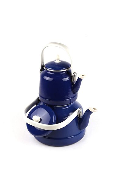 ALEV Enamel Vintage Navy Blue Teapot Set Top Handle Double Lid