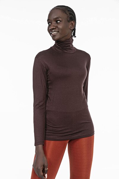 DISENTIS MODEST Боди от вискоза с дълъг ръкав и кафява поло яка