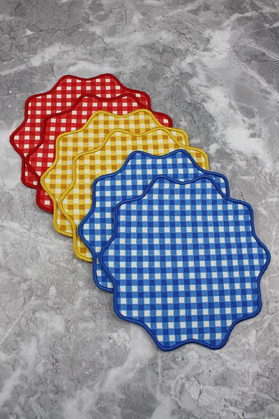 WEARE2 Yellow, Red and Blue Plaid Gingham Embroidered Set of 6 Cocktail Napkins