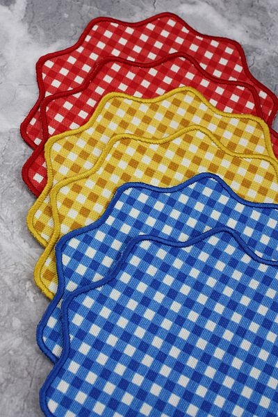 WEARE2 Yellow, Red and Blue Plaid Gingham Embroidered Set of 6 Cocktail Napkins