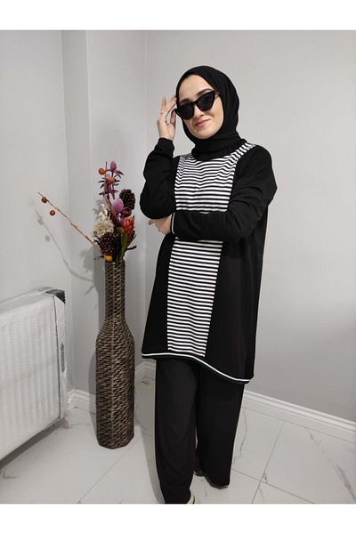 AYSUN AYDEMİR Black and White Striped 2-Piece Hijab Tracksuit Set