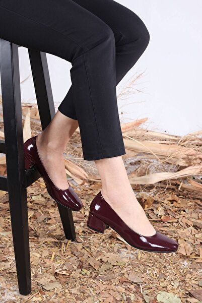 Elegant Ayakkabı Ayk Topuklu Deri Düz Rugan Bordo