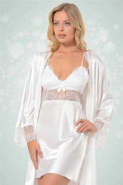 NBB Women's Ecru Lace Detailed Satin Nightgown Dressing Gown Set 3306