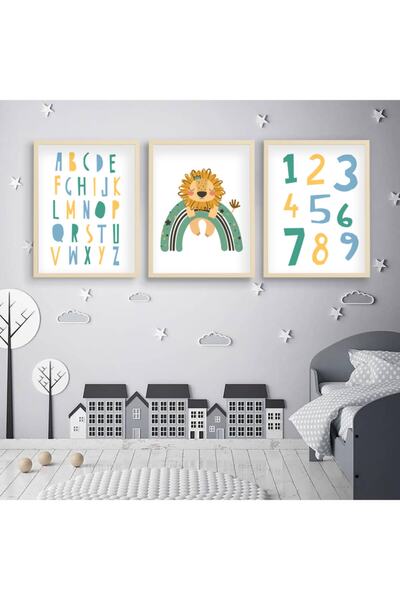 Ya&mu Tablosetleri 3 Adet 33 X 44cm Büyük Boy Ahşap Çerçeveli Bebek, Çocuk Odası Tablo Seti