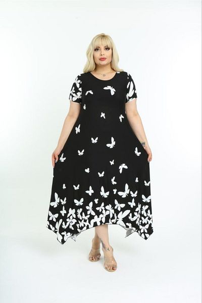 Mezura Plus Size Women's Relaxed Cut Patterned Short Sleeve Asymmetrical Viscose Combed Cotton Dress