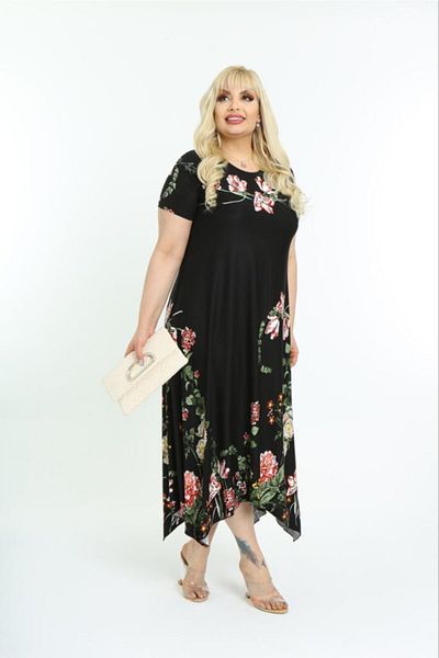 Mezura Plus Size Women's Relaxed Cut Patterned Short Sleeve Asymmetrical Viscose Combed Cotton Dress