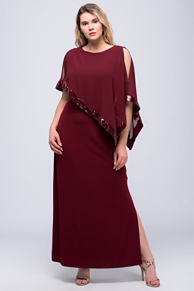 Şans Plus Size Evening Dress - Burgundy - Asymmetric