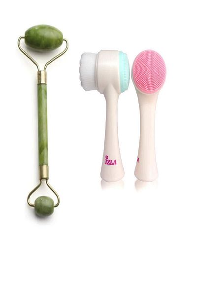 İzla Skin Cleansing Brush + Natural Double Sided Jade Stone Massage Tool