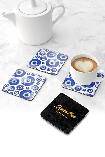 Queen Bee İstanbul قواعد زجاج شبكي - 4 قطع - خرز عين الشر