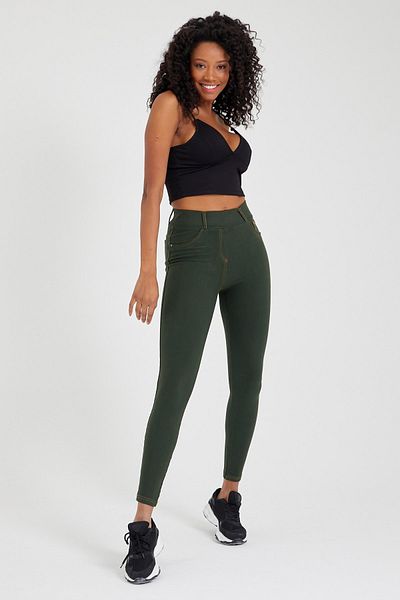 MRS.MODA Pantaloni cu talie înaltă, cu buzunare, spălate, de culoare kaki, cu aspect de jambiere