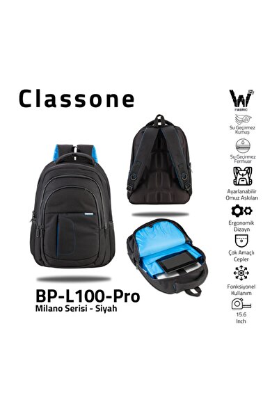 Classone ميلانو Bp-l100-pro قماش مقاوم للماء وسحاب للكمبيوتر المحمول والكمبيوتر المحمول وحقيبة الظهر - أسود