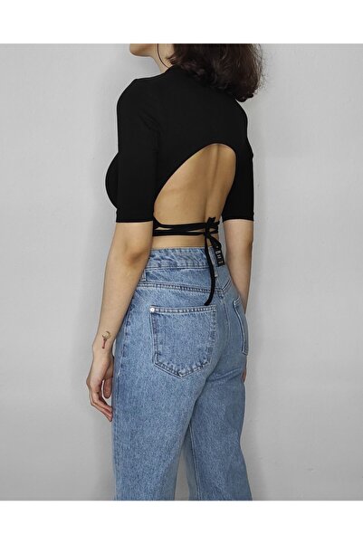 Bomenti Life تي شيرت نسائي أسود من الليكرا ذو قصة منخفضة وطية صدر السترة وأكم...