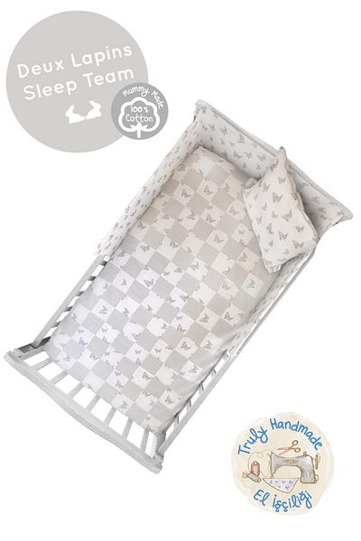 DEUX LAPINS Iconique Lapin Patterned - Gray Rabbit Muslin Baby Pillow, 100% Cotton