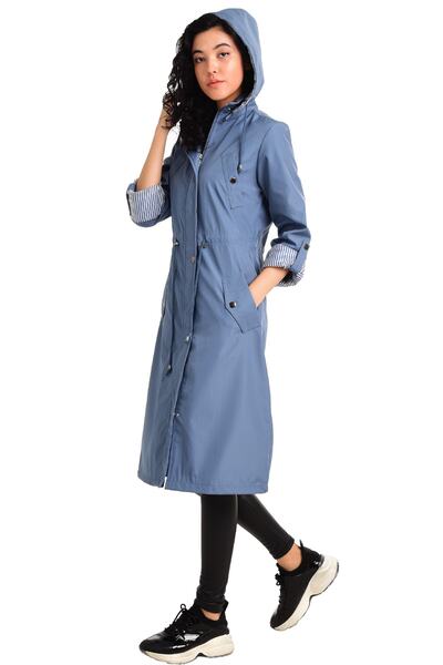 fehika Жіночий синій водовідштовхувальний тренч з капюшоном нижче коліна, підкладкою, блискавкою та стяжкою на талії
