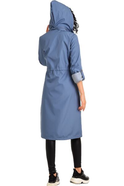 fehika Жіночий синій водовідштовхувальний тренч з капюшоном нижче коліна, підкладкою, блискавкою та стяжкою на талії
