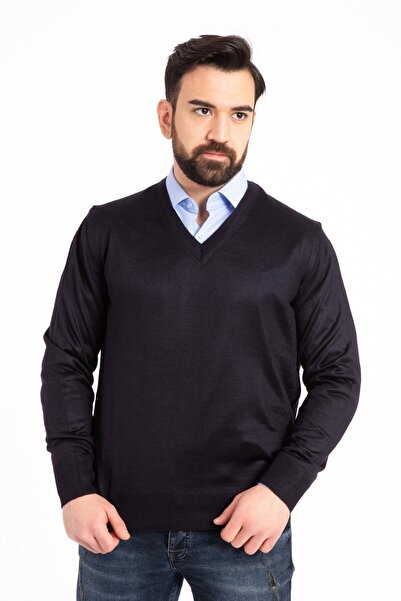NACAR STORE Men's Navy Blue Thin Wool Knitwear V-Neck Knitwear Sweater