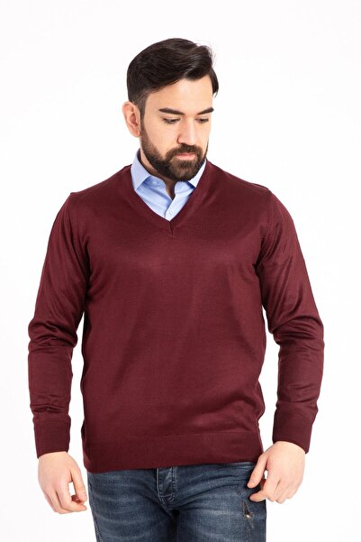 NACAR STORE Claret Red Men's Knitwear Sweater - Thin Wool V-Neck