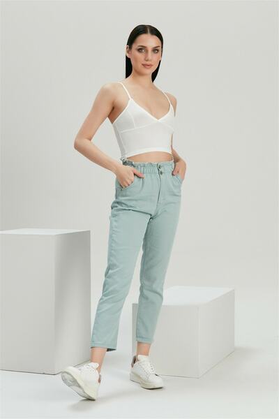 diaves Kadın Düğme Kapama Düz Renk Beli Büzgülü Mom Jean