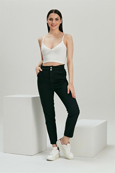 diaves Kadın Düğme Kapama Düz Renk Beli Büzgülü Mom Jean