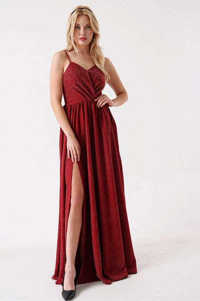 vuvutasarım Rochie de seara lunga bordeaux - bretele subtiri, detaliu cu fanta, stofa stralucitoare Emr-022
