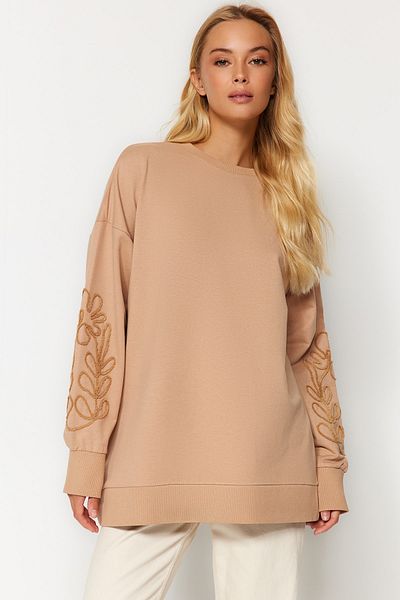 Trendyol Modest Κέντημα με λεπτομέρειες Camel Oversize φούτερ - TCTAW24TW00009