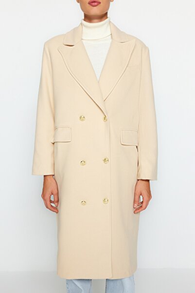 Trendyol Collection Ecru Oversize Wide Cut Gold Button Detailed Long Stamp Coat TWOAW24KB00154